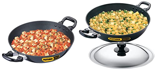 Hawkins Q54 Futura Non-Stick Kadhai Deep-Fry Pan Futura Non-Stick Round Bottom Deep Fry Kadai with Steel Lid (Black, 26cm, 30cm)
