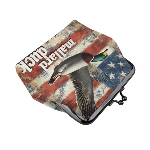 Pu Leather Buckle Coin Purse Mallard-Duck-America-Flag Girls Kiss-Lock Change Purse Wallets3