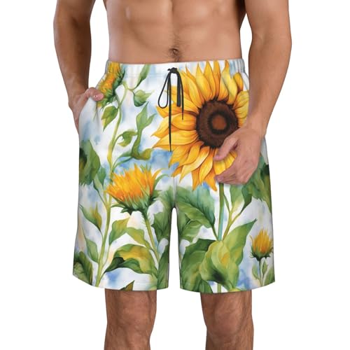 Men's Swim Trunks Watercolor Sunflower Flower Quick Dry Board Shorts Mens Bathing Suit Beach Swimwear with Pockets