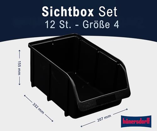 Hünersdorff 12 x Sichtbox - Stapelbox Lagerbox SET in Größe 4 - aus bruchsicherem Polypropylen (PP) - Rezyklat- ideal für Ordnungs- und Sortiersysteme, Wandplatten, Fahrregal, Werkstattregal - Schwarz