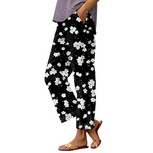 Pantalon 3/4 Femme Taille Haute Pantalon Été Lin Décontracté Fluide 3/4 Pantalon Cordon Taille Haute À Taille Élastique Fleurs Imprimé Pantacourt Capri...