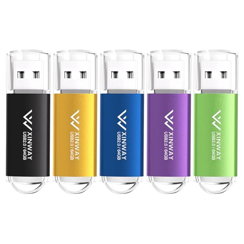 XinwaY Memory Stick 64GB USB Flash Drive Thumb Drives Data Storage USB Stick, (5 Pack 64GB - Black Blue Green Gold Purple)