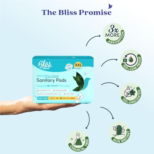 Image of BLISSNATURAL Ultra Soft Sanitary Pads XXL | 18 Pads (3 Pack of 6) | Heavy Flow | 320mm Extra Coverage | All Night Comfort, Rash-Free & Leakproof | Plant-Based
