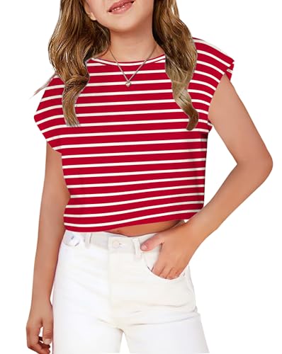 Image of Arshiner Girls Shirt Crop Tops Short Sleeve Summer Drop Shoulder Batwing Sleeve Crewneck Loose T Shirt Tee