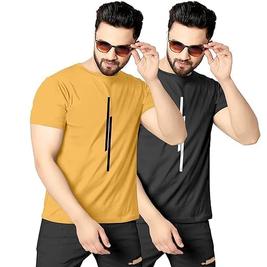 Image of Classic Men Solid Polyester Round Neck Tshirt || 11 Lines Graphic, Regular Fit, Comfortable T-Shirt for Men (Pack of 2)
