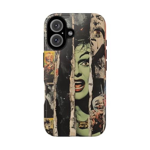 Coque rigide iPhone 16 gris collage d'horreur vintage anti-rayures efficace