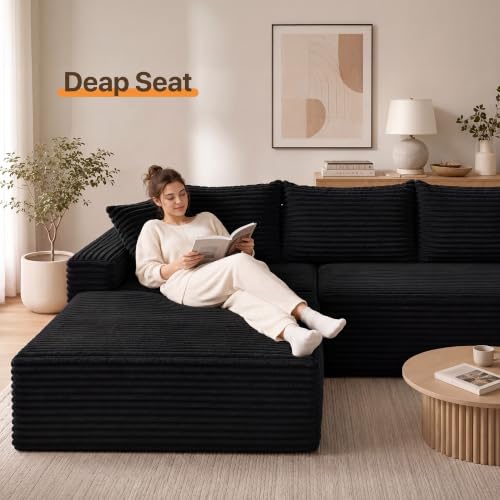 Image of Claiks 104 inch Boneless Couch, U-Shape Corduroy Sectional Sofa, Black