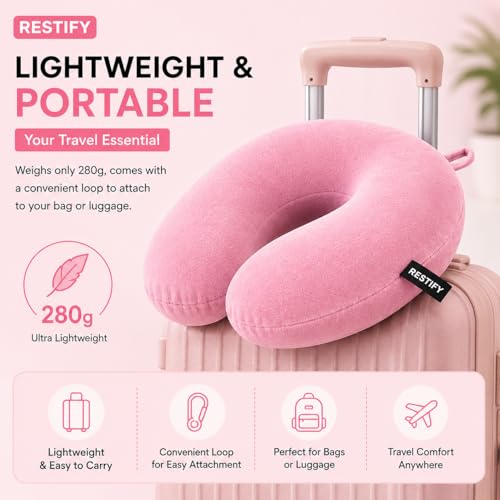Image of Restify Premium Memory Foam Travel Neck Pillow | Soft Velvet U Shape Neck Support Cushion for Flight, Airplane, Car & Office Travel | Portable Pillow for Men & Women | Pink