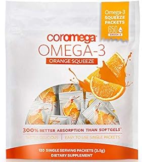 Coromega Omega 3 Fish Oil Supplement, 650mg of Omega-3s with 3X Better Absorption Than Softgels, Orange Flavor, 120 Single Serve Squeeze Packets