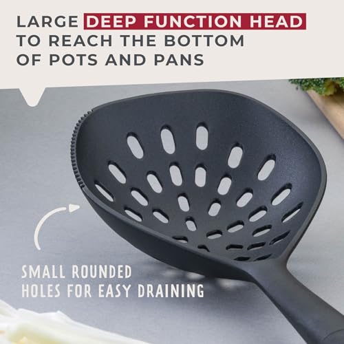 Fackelmann PRO Skimmer, Oil Skimmer & Strainer, Heat-Resistant Plastic Ladle, Colander Straining Spoon, Non-Stick & Anti-Scratch, Deep Fat Frying, Small Holes, 34 cm, Black