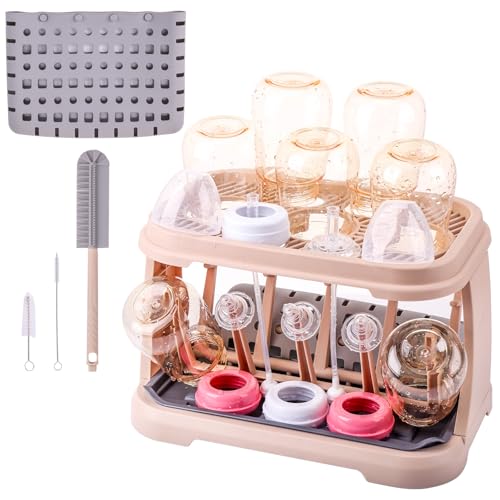 Image of DIJIAMEIYA Baby Bottle Drying Rack:Space Saving Standing Drying Rack for Baby Bottles and Pump Part Cleaning,be Equipped with Bottle Brush（Pink Lotus Root）