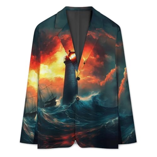 Lighthouse Stormy Wave Mens Suit Jacket Lapel Blazers V Neck Button Business Coat Tuxedo for Wedding Party3