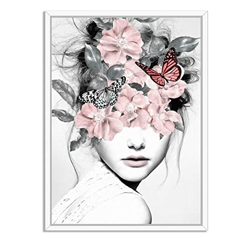 Image of PAINTINGMANTRA Blossom Pink Girl Flower Bouquet White Framed Canvas Print for Wall, Home and Living Room Decoration (Size - 23 x 17 Inchs)