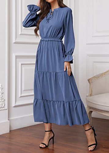 Kirundo 2023 Summer Women's Long Sleeve Maxi Dress Solid Tie Neck Casual High Waist Ruffle Hem Boho Flowy Long Dresses(Blue, Medium) #TOP3
