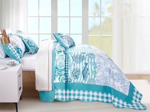 Image of HZ & HY Coastal Oversized King Bedspread, Reversible Beach Pattern Quilt Set King /Cal King, Lightweight Coverlet, Scalloped Edge - Nautical Coastal Look, 6 Piece, Seahorse