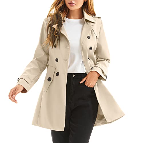 Women's Waterproof Trench Coat Double-Breasted Classic Lapel Petite Overcoat Belted Slim Outerwear Coat