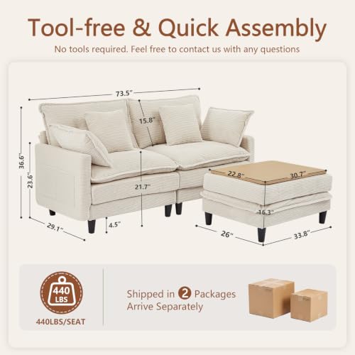 Image of 73.5 inch L-Shaped Cloud Sofa, Modular Sectional Couch with Ottoman Coffee Table, Corduroy Deep Seat Loveseat with Pillow, Comfy Modern Couch for Living Room Bedroom Apartment, Cream