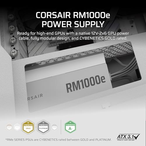 Image of CORSAIR RM1000e ATX 3.1 PCIe 5.1 Ready Fully Modular 1000W Power Supply - 12V-2x6 Cable Included, Cybenetics Gold Efficiency, 105C-Rated Capacitors, Modern Standby Mode - White