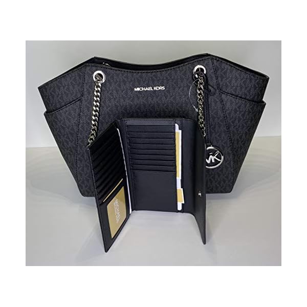 Michael Kors Jet Set Travel Large Chain Shoulder Tote bundled with Travel Trifold Wallet (Signature MK Black)