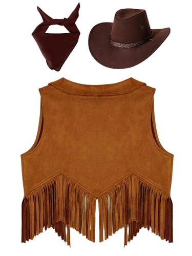 3Pcs Girls Suede Tassels Vest Waistcoat Western Cowboy Cowgirl Outfit for Festival Performance4