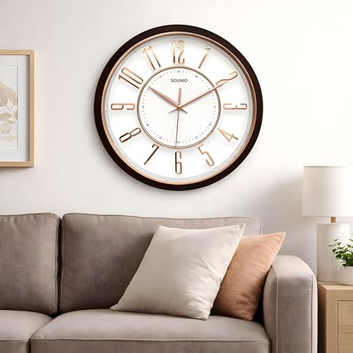 Image of Amazon Brand - Solimo 12.7 Inches Silent Wall Clock for Living Room Bedroom Office Wooden Look Plastic 3D Easy to Read Numbers Modern Stylish Sweep Movement Wall Clock for Home - 1600TS (Wood Copper)