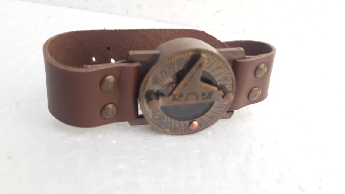 Nautical Sundial Brass Compass Watch Scout Compass with Fine Detailing Leather Strap