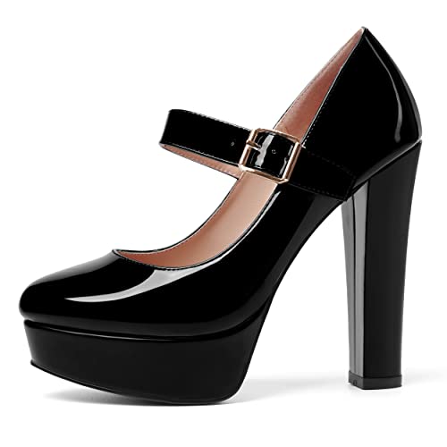 SHOWFOREST Womens Slip On Adjustable Strap Patent Party Platform Sexy Round Toe Block High Heel Pumps Shoes 5 Inch2