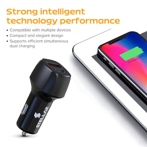 Image of Stellar Drive Fast Car Charger 38W | Dual Port USB C PD (20W) & QC 3.0 (18W) Adapter | 12V /24V Compact Car Charger | Smart Safety Car Charging Plug | Compitable for iPhone, Android, Tablets | XC-16
