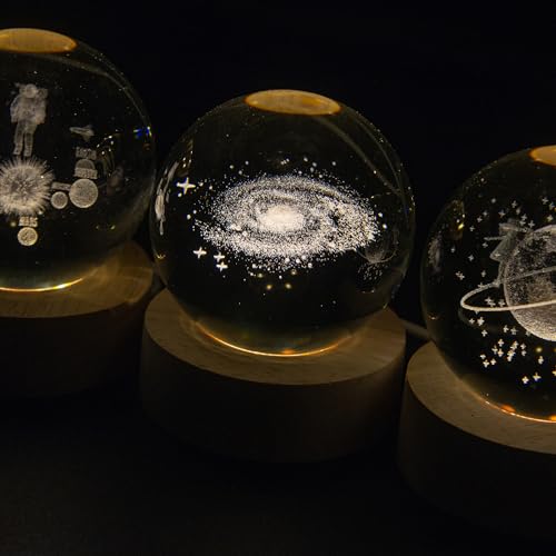 Image of 2.36 Inch 3D Galaxy Crystal Ball Night Light Lamp with Wooden Base, Warm Glow LED Mood Night Light, Gift for Boys, Girls, and Teens (Saturn)