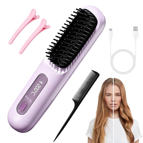 Brosse Lissante Sans Fil Brosse Chauffante Cheveux Court Fer à Lisser Portable 3 Températures Réglables Soin Ionique Anti-Brûlure Idéal Voyage et Quotidien