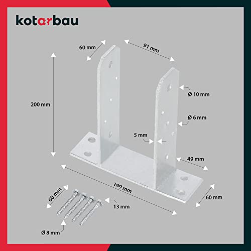 KOTARBAU® 4 Pièces Support Poteau Bois - à Visser - TT - Acier Galvanisé - 90 mm - Argent - Pied de Poteau - Fixation Robuste - Embase – vue 3