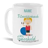 Tassendruck Berufe-Tasse mit Name personalisiert - Fitnesscoach weil Superheld kein Beruf ist - Geschenk für Kollegen zum Geburtstag | Personalisierte Geschenke, Weiß, 300 ml