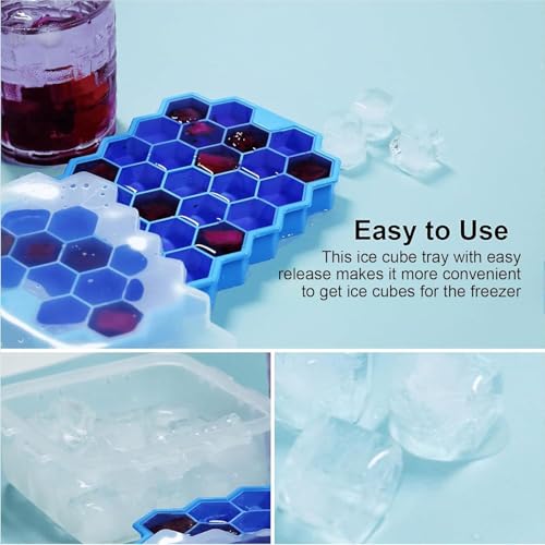 Image of AIG Silicone Ice Cube Trays with Lids - 3 Pack Easy-Release Hexagon Ice Maker for Freezer, Reusable Food-Grade Ice Molds for Cocktail Bar, Whiskey, Iced Coffee & Home Kitchen (Blue)