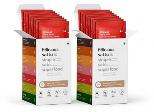 Image of fitlicious Spicy Sattu Powder | Bihari Chana Sattu | Natural & Organic | Gluten-Free, Non-GMO | High Protein & Fiber | Instant PremiX | Healthy Drink For All Ages | Pack Of 20 X 40g Sachets