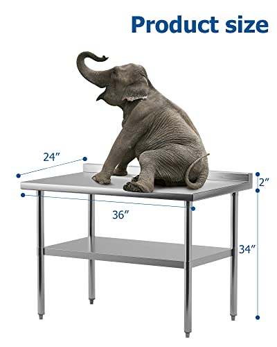 Stainless Steel Work Table 36" x 24" with Undershelf & Backsplash, [NSF Certified][Heavy Duty] Commercial Kitchen Prep Table for Home, Restaurant, Hotel, Silver