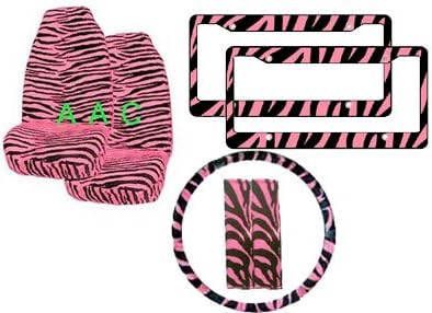 2 Seat Covers, 1 Steering Wheel Cover, 2 Shoulder Pads and 2 License Frames - Zebra Black & Pink