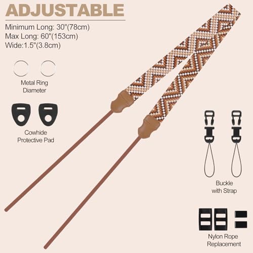 Image of Universal Camera Strap - Camera Neck Strap, Adjustable Shoulder Straps Compatible with Canon, Fujifilm, Nikon, Olympus, Panasonic and other SLR and mirrorless cameras - Brown White Gquares