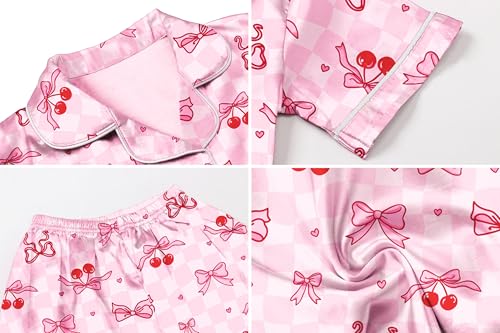Image of Umeyda Women & Girls Pajamas Set, 2 Piece PJS Satin Silk Sleepwear Button-Down Top with Shorts for Mom Kids Gifts
