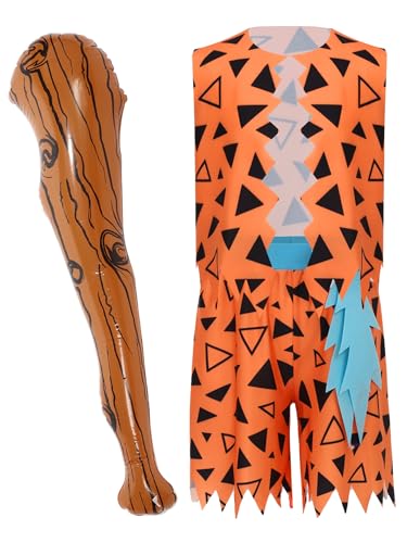 Kids Boys Caveman Clothing Stone Age Outfits Sleeveless Jagged Trim Vest and Shorts with Inflatable Stick