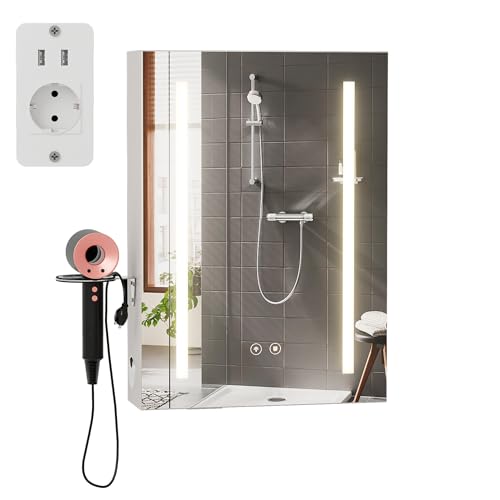 Ztexkee Spiegelschrank Bad mit Beleuchtung und Antibeschlag Funktion Badezimmer Spiegelschrank Hängend mit Steckdosen Fönhalter und 2 Einstellbar Einlegeböden für Badezimmer (60x15x80cm)