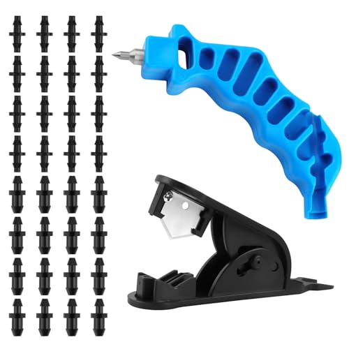 Kalolary 34Pcs Drip Irrigation Tubing Hole Punch Cutter Tool Set, 2-in-One Drip Tube Hole Punch Fitting Insertion Tool with Irrigation Hose Cutter, 16pcs Barbed Connectors & 16 Drip Irrigation Plugs