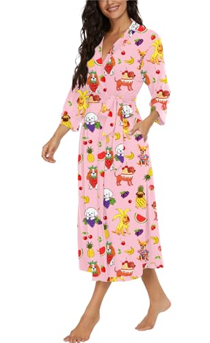 Image of VINTATRE Robes for Women Long Knit Bathrobe XS-4XL | 3 /4 Sleeve Bathrobes with Pockets, Stretchy and Lightweight Fabric, Inner Tie and Fixed Outer Matching Belt, Mid Calf Length
