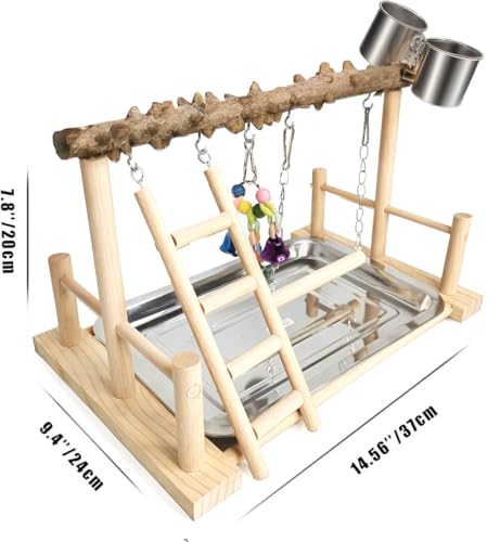 Image of Natural Wood Bird Perch Stand, Wooden Parrot Perch Stand Fork Toys Hanging Multi-Branch Rope Perch Platform Hammock Swing Toy Chewing Stick Cage Accessories
