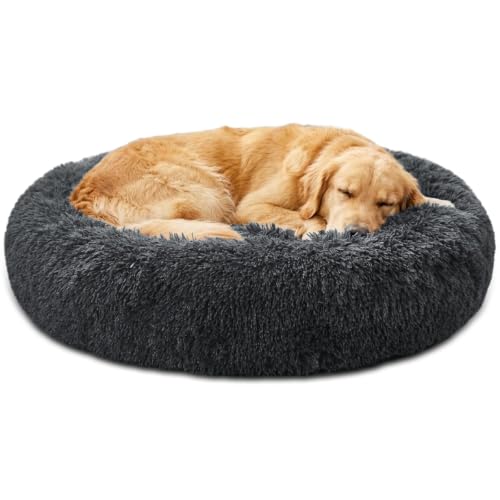 Image of JOLLYVOGUE Calming Washable Dog Beds Large Sized Dog, 36Inch Donut Large Dog Bed with Removable Cover, Anti-Slip Round Fluffy Faux Fur Bed, Fits up to 80 lbs Pets, Dark Grey