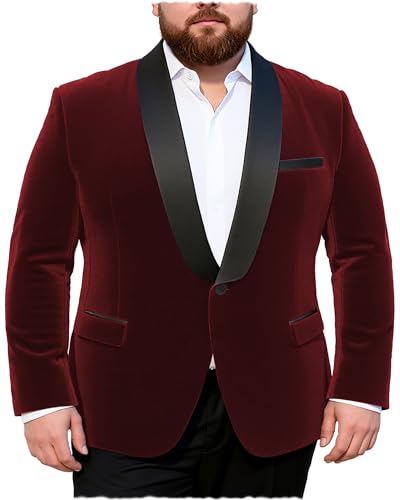 Apornipal Mens Velvet Blazer Big and Tall Suit Jacket Shawl Collar One Button Tuxedo Blazer Wedding Prom Dinner Burgundy,54R