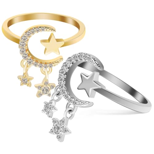 Bague hypoallergénique en zircon pour peau sensible, duo ouvert étoile lune