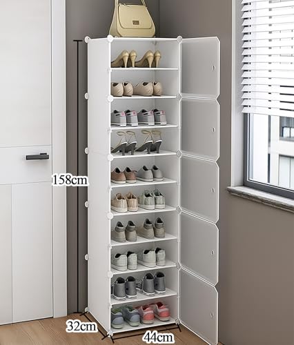 Image of AYSIS Plastic Shoe Rack for Home | 𝟏𝟎 𝐒𝐡𝐞𝐥𝐟 DIY Shoe Rack with Door for Home Storage Plastic Box Organizer, Metal Door Frame, Chappal Slipper Sandals Stand (White, 10-Shelf-5-Door)