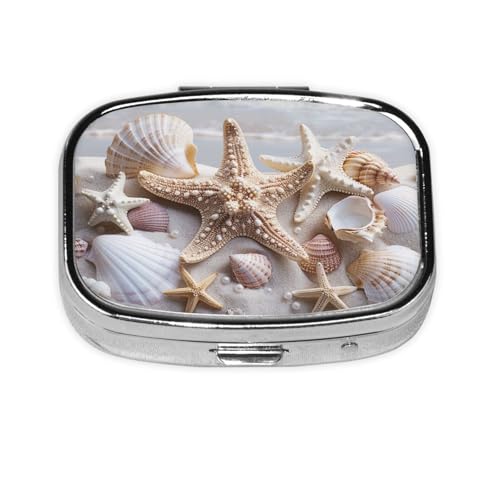 Pearls ヒトデ 貝殻 テーマ プリント ピルボックス トラベル スクエア ピルオーガナイザー ポータブル ピルケース ミラーと2つのコンパートメント