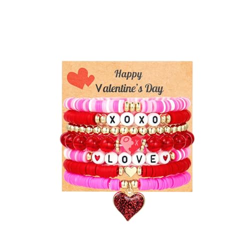 Pingyongchang Valentines Day Bracelets for Women Heishi Surfer Pink Clay Bead Bracelet Set Love Heart Bracelets Bulk Cute Pink Red Stackable Stretch Bangle Birthday Accessories Jewelry Gifts-7pcs