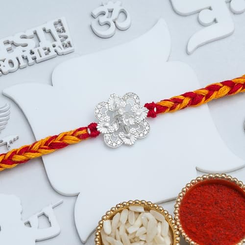 Image of eCraftIndia Silver Ganesha Rakhi for Brother Bhaiya Bhai with Best Bro Ever Fridge Magnet | Roli Chawal Pack